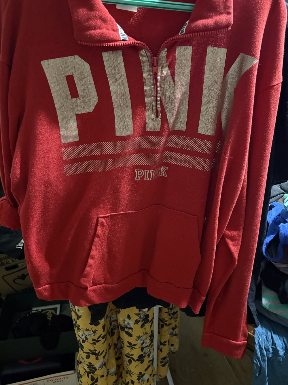 PINK Victoria's Secret Red Quarter-Zip Fleece Pullover with Logo